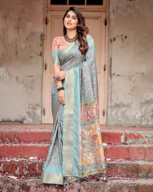 Sky_Blue_Tussar_Silk_Saree_with_Intricate_Zari_Border_and_Artistic_Pallu_Design