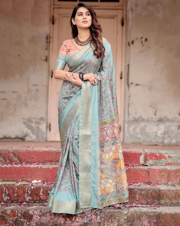 Sky_Blue_Tussar_Silk_Saree_with_Intricate_Zari_Border_and_Artistic_Pallu_Design