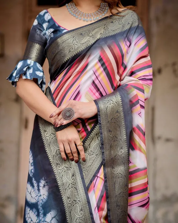 Geometric_Multicolor_Tussar_Silk_Saree_with_Charcoal_Gray_Zari_Border_and_Abstract_Pallu