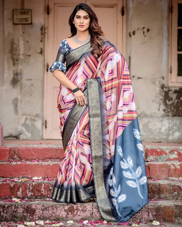 Geometric_Multicolor_Tussar_Silk_Saree_with_Charcoal_Gray_Zari_Border_and_Abstract_Pallu