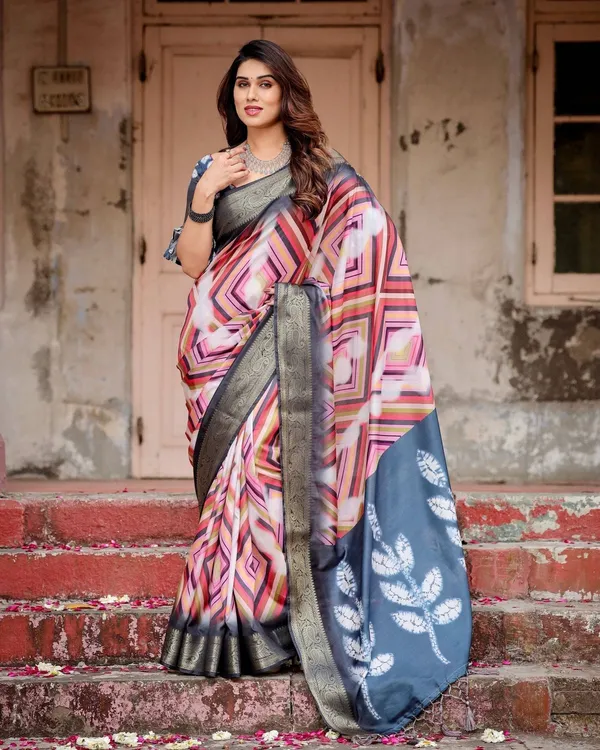 Geometric_Multicolor_Tussar_Silk_Saree_with_Charcoal_Gray_Zari_Border_and_Abstract_Pallu