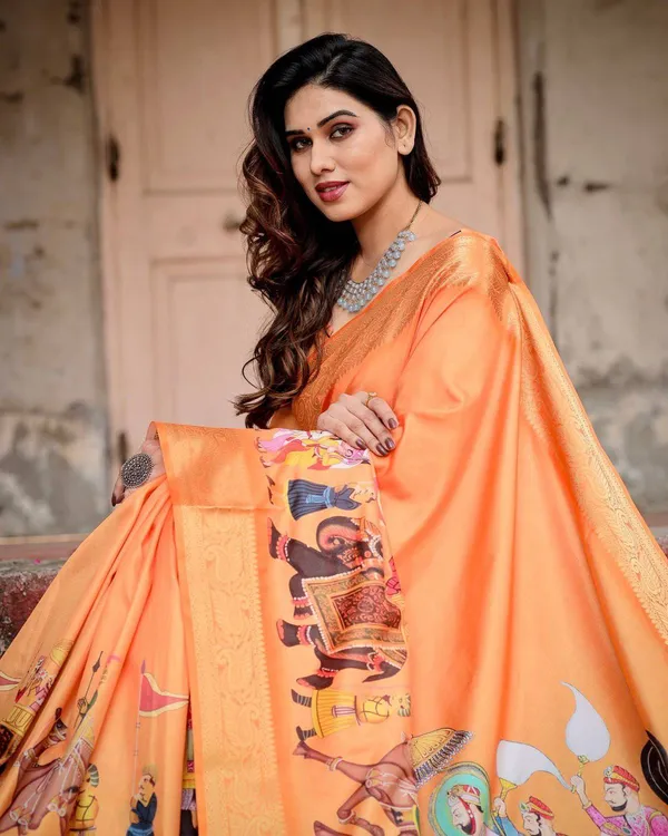 Sunset_Orange_Tussar_Silk_Saree_with_Royal_Procession_Pallu_and_Zari_Border