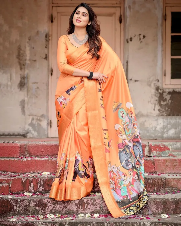 Sunset_Orange_Tussar_Silk_Saree_with_Royal_Procession_Pallu_and_Zari_Border