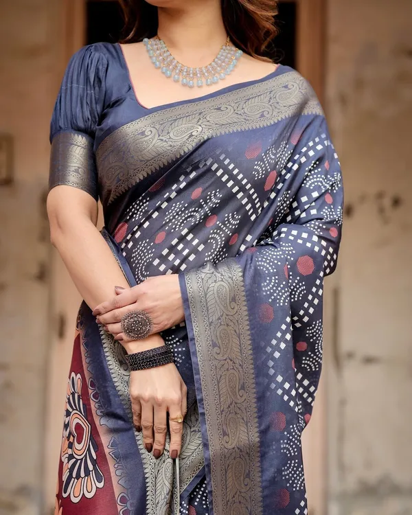 Navy_Blue_Tussar_Silk_Saree_with_Geometric_Patterns,_Zari_Border,_and_Vibrant_Pallu
