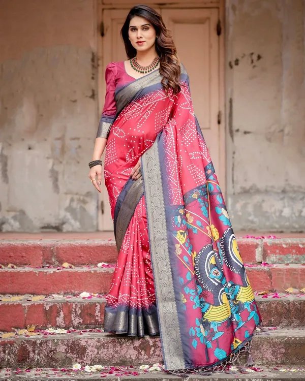 Crimson_Red_Tussar_Silk_Saree_with_Bandhani_Patterns,_Zari_Border,_and_Vibrant_Artistic_Pallu