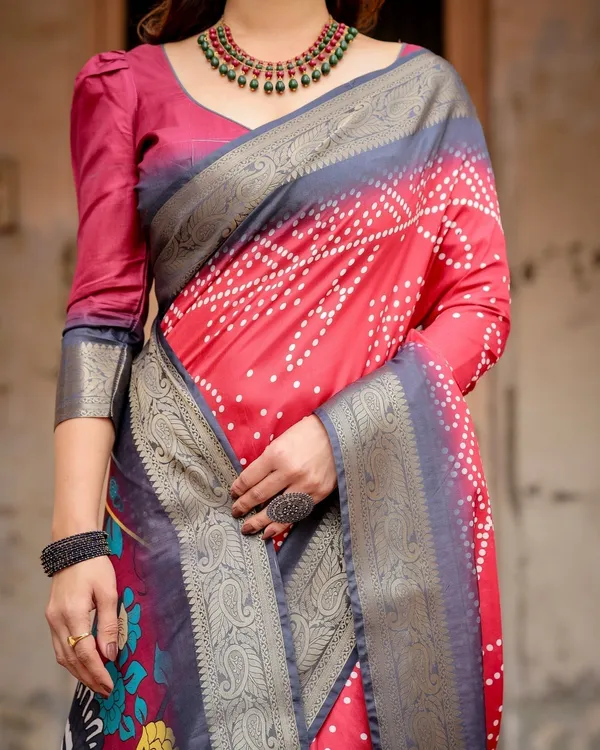 Crimson_Red_Tussar_Silk_Saree_with_Bandhani_Patterns,_Zari_Border,_and_Vibrant_Artistic_Pallu