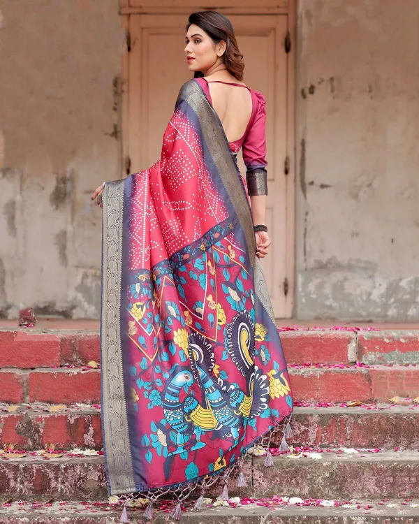 Crimson_Red_Tussar_Silk_Saree_with_Bandhani_Patterns,_Zari_Border,_and_Vibrant_Artistic_Pallu