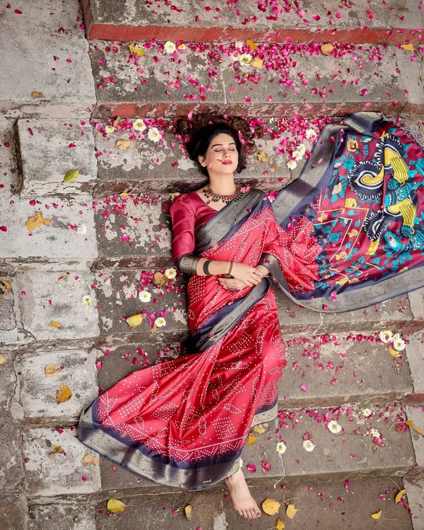 Crimson_Red_Tussar_Silk_Saree_with_Bandhani_Patterns,_Zari_Border,_and_Vibrant_Artistic_Pallu