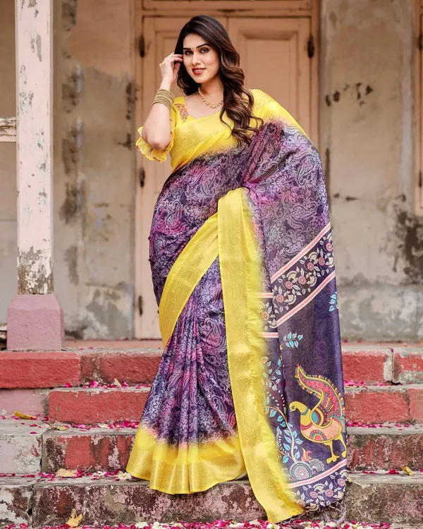 Purple_and_Yellow_Tussar_Silk_Saree_with_Artistic_Peacock_Pallu_and_Zari_Border