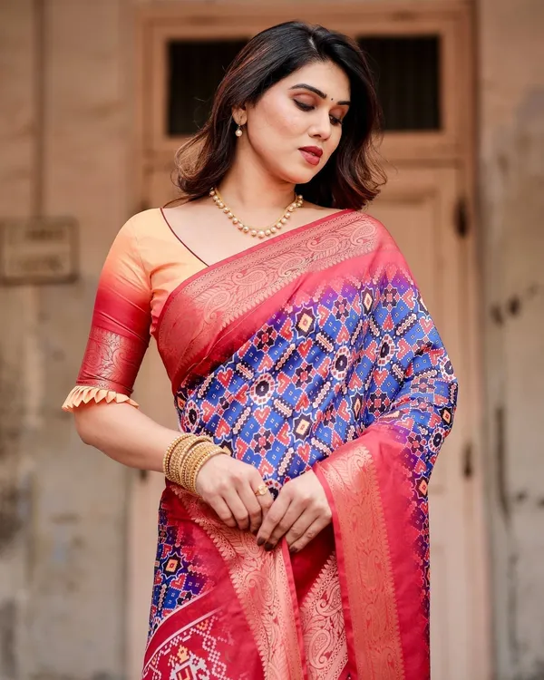 Royal_Blue_and_Red_Tussar_Silk_Saree_with_Geometric_Patterns_and_Ornate_Zari_Border