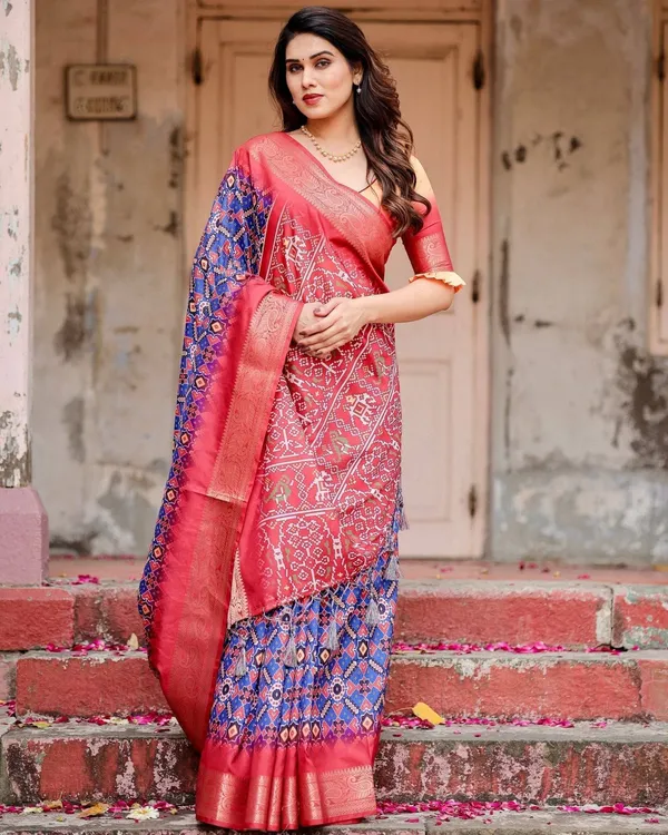 Royal_Blue_and_Red_Tussar_Silk_Saree_with_Geometric_Patterns_and_Ornate_Zari_Border