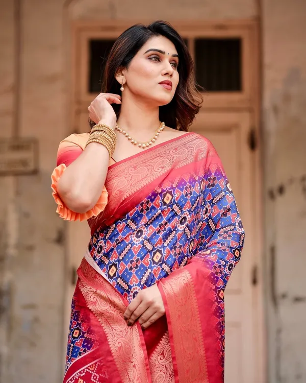 Royal_Blue_and_Red_Tussar_Silk_Saree_with_Geometric_Patterns_and_Ornate_Zari_Border