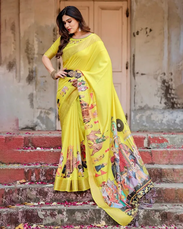 Vibrant_Yellow_Tussar_Silk_Saree_with_Royal_Procession_Pallu_and_Zari_Accents