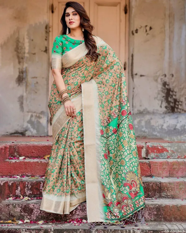 Emerald_Green_and_Gold_Tussar_Silk_Saree_with_Floral_and_Ornamental_Motifs