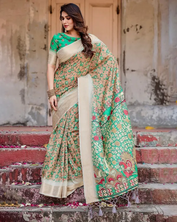 Emerald_Green_and_Gold_Tussar_Silk_Saree_with_Floral_and_Ornamental_Motifs
