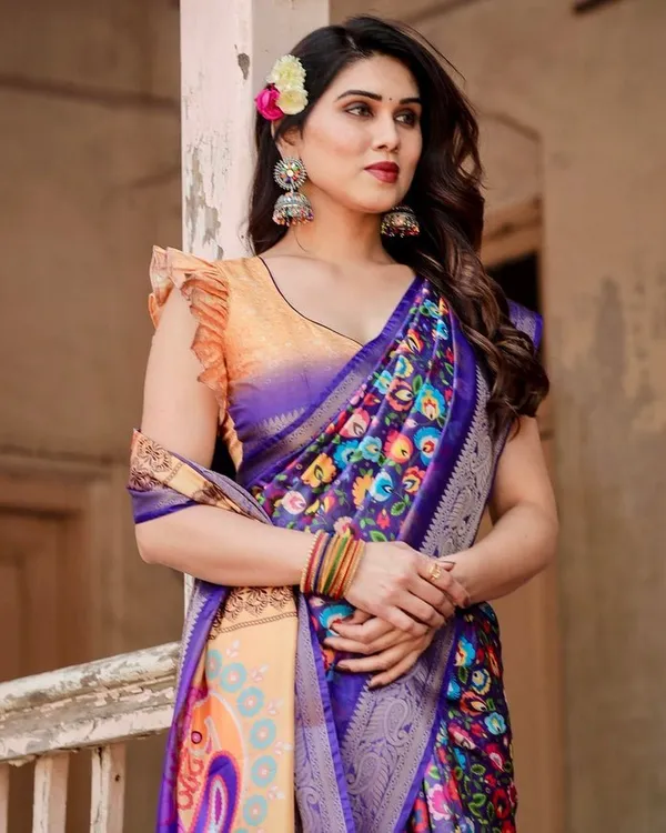 Royal_Purple_Tussar_Silk_Saree_with_Vibrant_Floral_Print_and_Peacock_Motif_Pallu