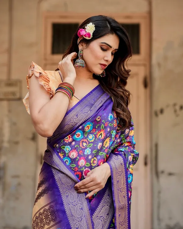 Royal_Purple_Tussar_Silk_Saree_with_Vibrant_Floral_Print_and_Peacock_Motif_Pallu