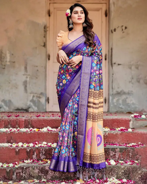 Royal_Purple_Tussar_Silk_Saree_with_Vibrant_Floral_Print_and_Peacock_Motif_Pallu