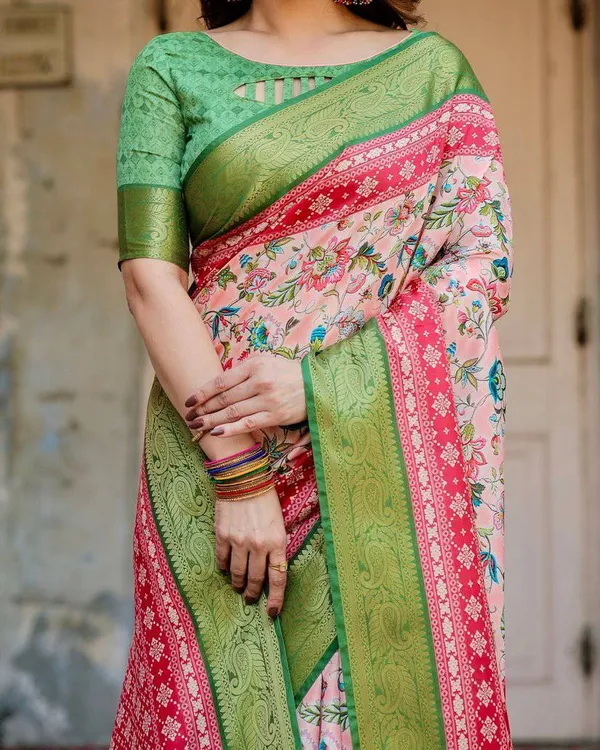 Blush_Pink_and_Green_Tussar_Silk_Saree_with_Floral_Prints_and_Intricate_Zari_Work