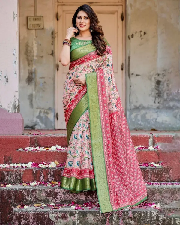 Blush_Pink_and_Green_Tussar_Silk_Saree_with_Floral_Prints_and_Intricate_Zari_Work