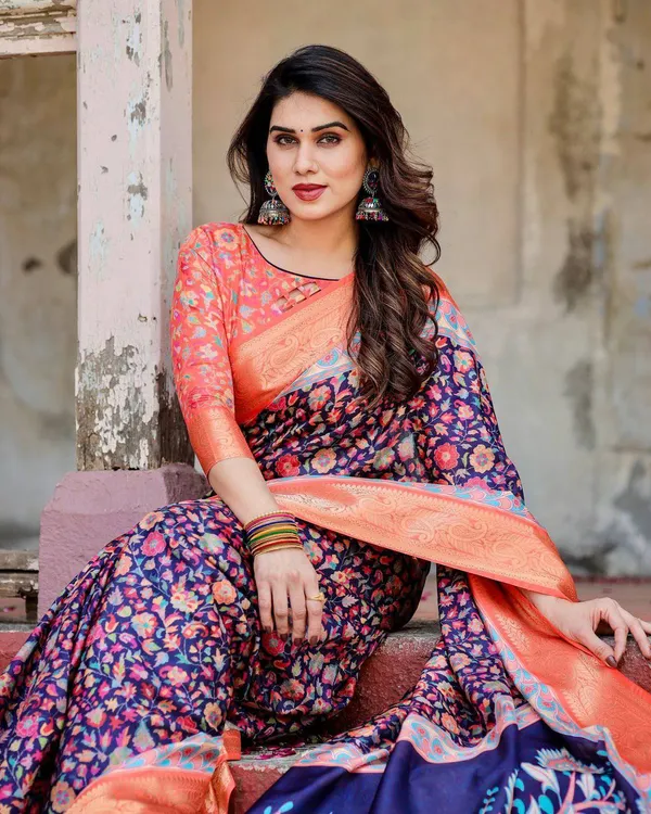 Navy_Blue_and_Peach_Tussar_Silk_Saree_with_Peacock_Motifs_and_Floral_Zari_Border