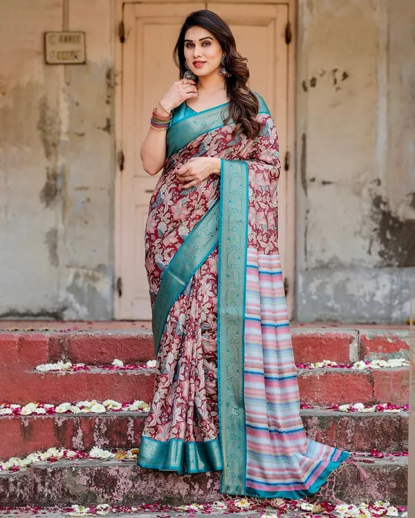 Maroon_and_Teal_Tussar_Silk_Saree_with_Floral_Zari_Weave_and_Striped_Pallu