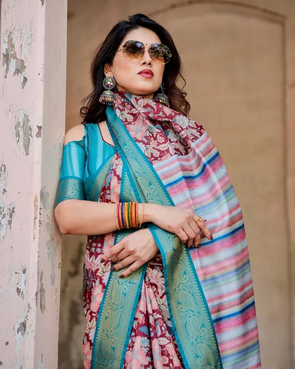 Maroon_and_Teal_Tussar_Silk_Saree_with_Floral_Zari_Weave_and_Striped_Pallu
