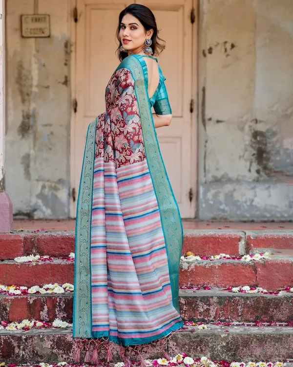 Maroon_and_Teal_Tussar_Silk_Saree_with_Floral_Zari_Weave_and_Striped_Pallu