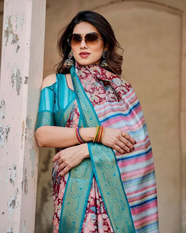 Maroon_and_Teal_Tussar_Silk_Saree_with_Floral_Zari_Weave_and_Striped_Pallu