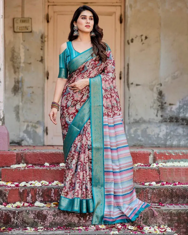 Maroon_and_Teal_Tussar_Silk_Saree_with_Floral_Zari_Weave_and_Striped_Pallu