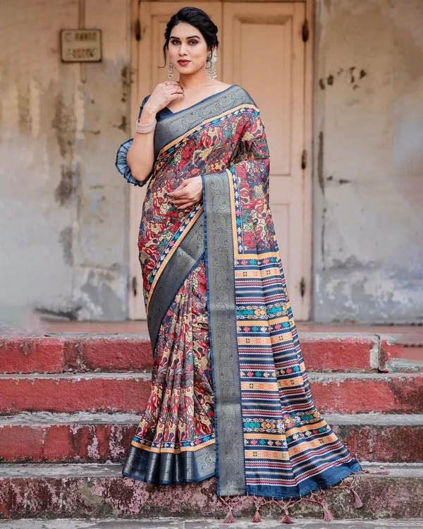 Multicolor_Tussar_Silk_Saree_with_Vibrant_Floral_Weaves_and_Striped_Pallu