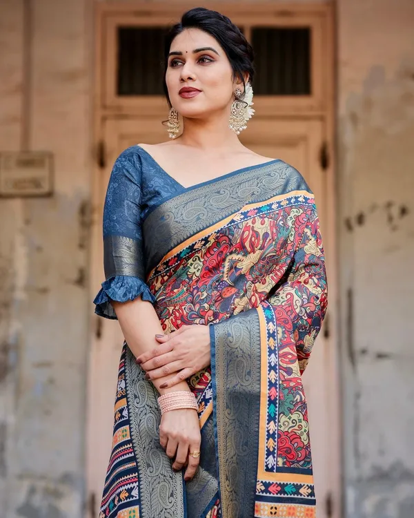 Multicolor_Tussar_Silk_Saree_with_Vibrant_Floral_Weaves_and_Striped_Pallu