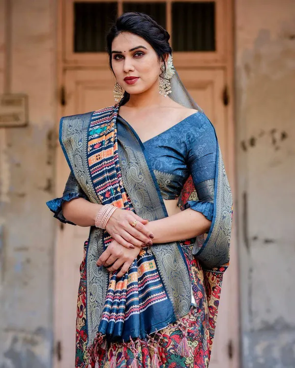Multicolor_Tussar_Silk_Saree_with_Vibrant_Floral_Weaves_and_Striped_Pallu