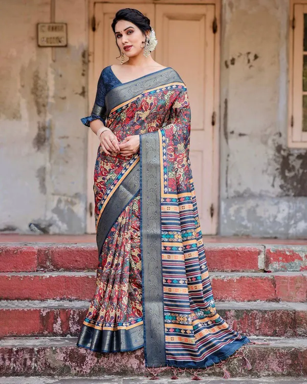 Multicolor_Tussar_Silk_Saree_with_Vibrant_Floral_Weaves_and_Striped_Pallu