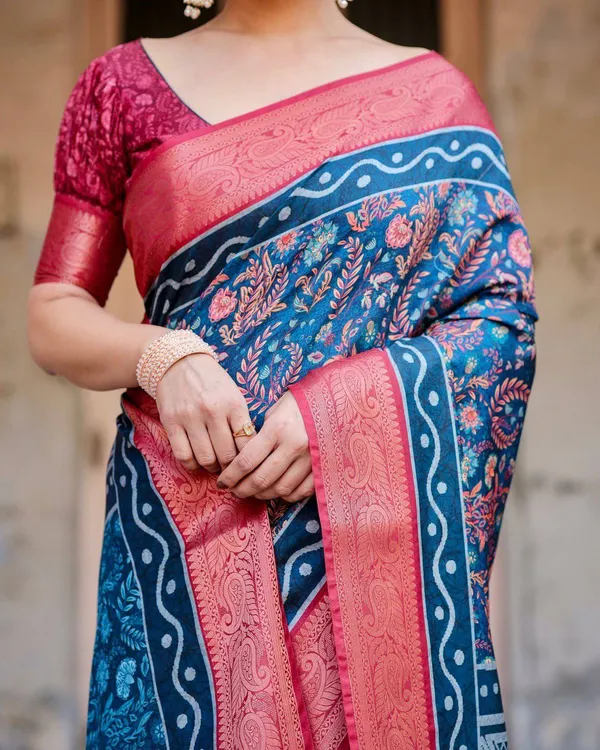 Teal_Blue_and_Coral_Tussar_Silk_Saree_with_Floral_Weaves_and_Geometric_Pallu