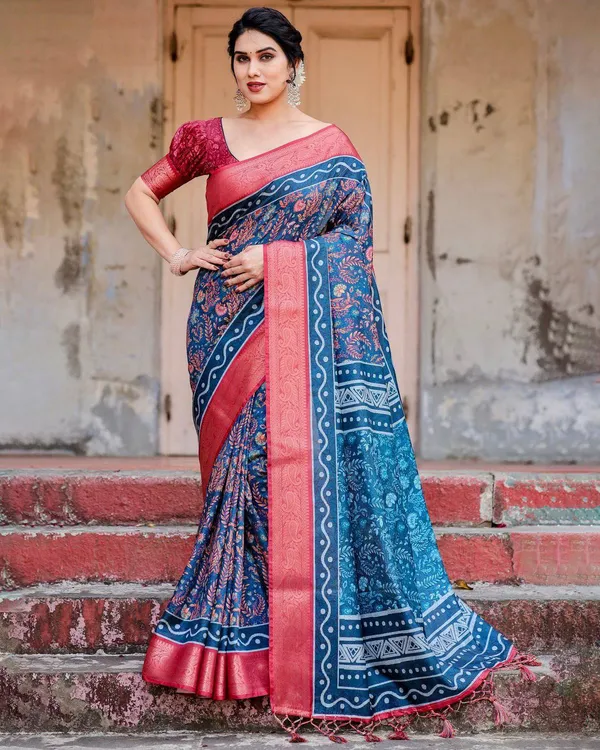 Teal_Blue_and_Coral_Tussar_Silk_Saree_with_Floral_Weaves_and_Geometric_Pallu