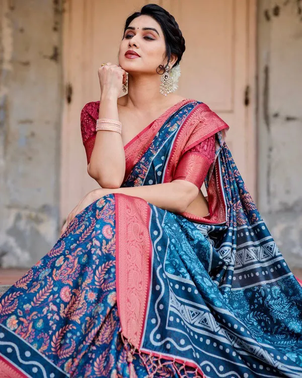 Teal_Blue_and_Coral_Tussar_Silk_Saree_with_Floral_Weaves_and_Geometric_Pallu