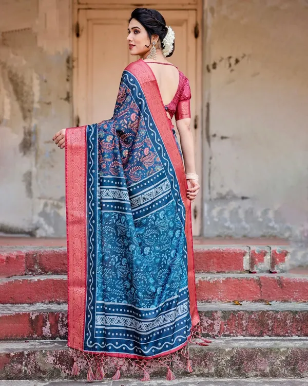 Teal_Blue_and_Coral_Tussar_Silk_Saree_with_Floral_Weaves_and_Geometric_Pallu