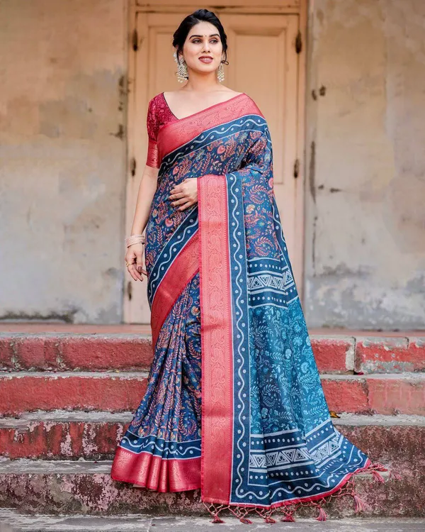 Teal_Blue_and_Coral_Tussar_Silk_Saree_with_Floral_Weaves_and_Geometric_Pallu