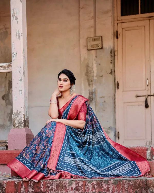 Teal_Blue_and_Coral_Tussar_Silk_Saree_with_Floral_Weaves_and_Geometric_Pallu