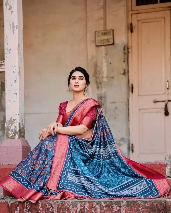 Teal_Blue_and_Coral_Tussar_Silk_Saree_with_Floral_Weaves_and_Geometric_Pallu
