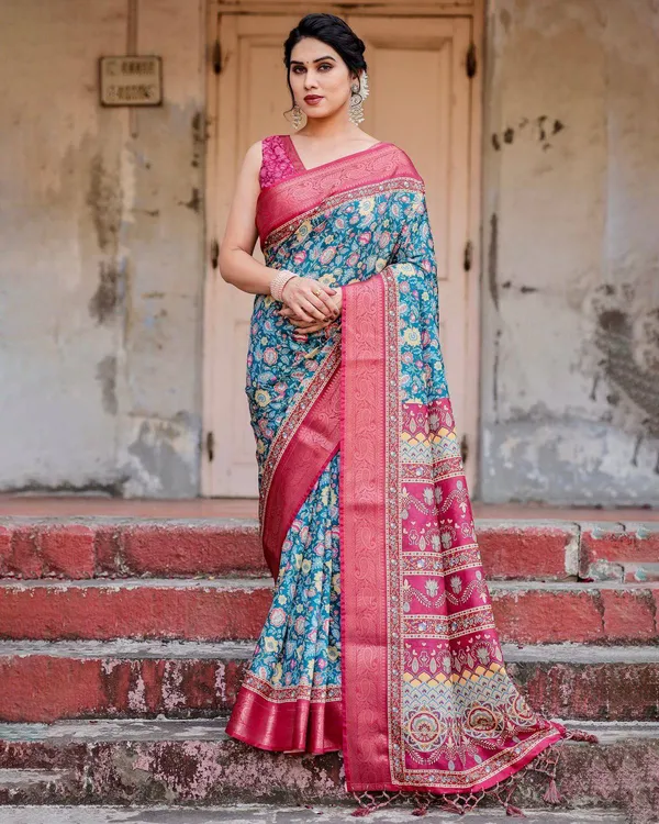 Teal_Blue_and_Coral_Tussar_Silk_Saree_with_Vibrant_Floral_Motifs_and_Ornamental_Pallu
