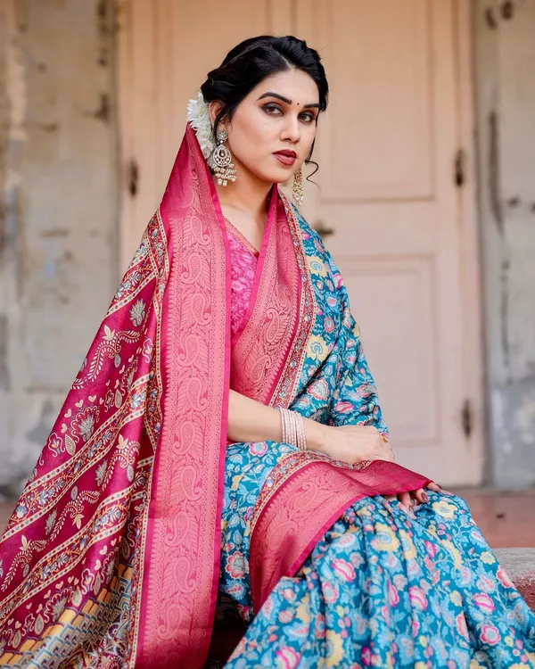 Teal_Blue_and_Coral_Tussar_Silk_Saree_with_Vibrant_Floral_Motifs_and_Ornamental_Pallu