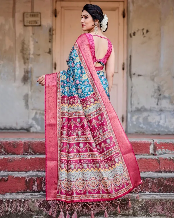 Teal_Blue_and_Coral_Tussar_Silk_Saree_with_Vibrant_Floral_Motifs_and_Ornamental_Pallu
