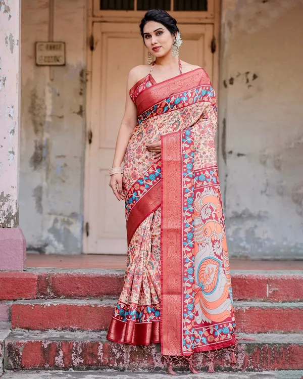 Beige_and_Coral_Tussar_Silk_Saree_with_Intricate_Floral_Prints_and_Artistic_Pallu