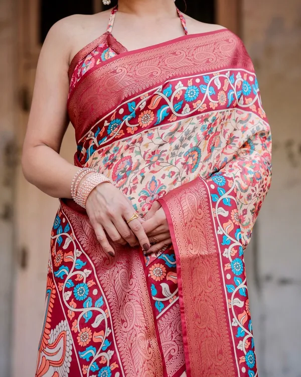 Beige_and_Coral_Tussar_Silk_Saree_with_Intricate_Floral_Prints_and_Artistic_Pallu