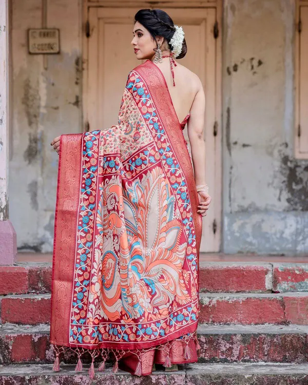 Beige_and_Coral_Tussar_Silk_Saree_with_Intricate_Floral_Prints_and_Artistic_Pallu