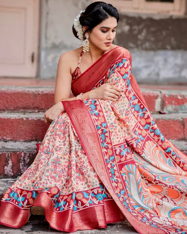 Beige_and_Coral_Tussar_Silk_Saree_with_Intricate_Floral_Prints_and_Artistic_Pallu