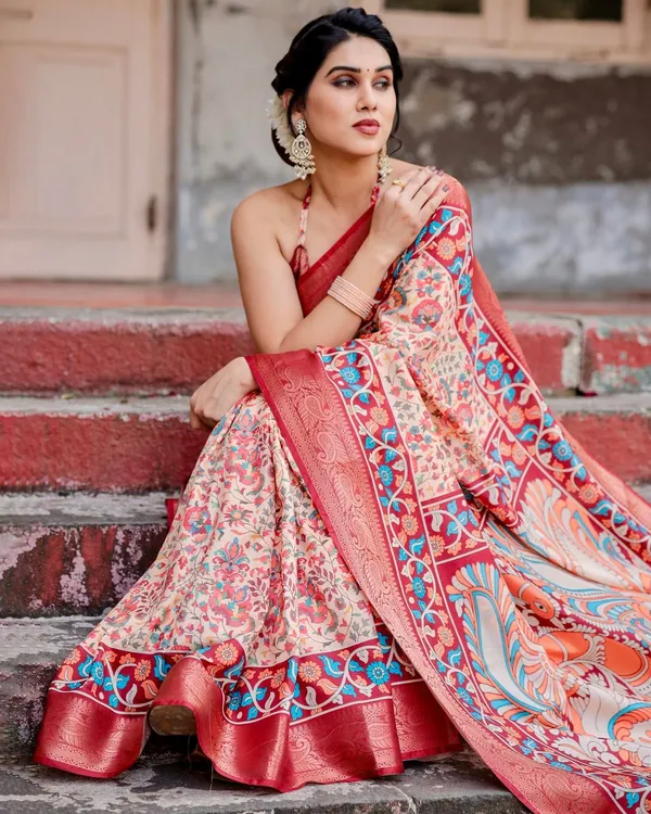 Beige_and_Coral_Tussar_Silk_Saree_with_Intricate_Floral_Prints_and_Artistic_Pallu