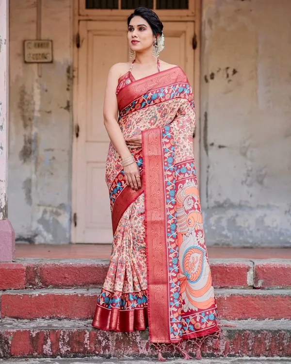 Beige_and_Coral_Tussar_Silk_Saree_with_Intricate_Floral_Prints_and_Artistic_Pallu